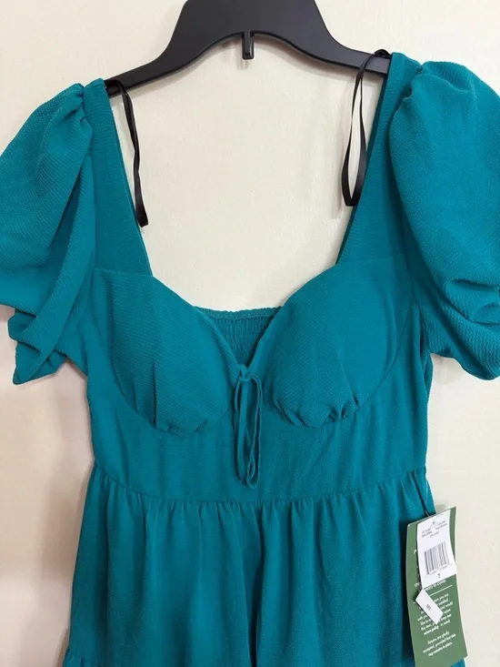 B. Smart Women’s Size 7 Teal Puff-Sleeve Tiered Mini Dress - Picture 3 of 12